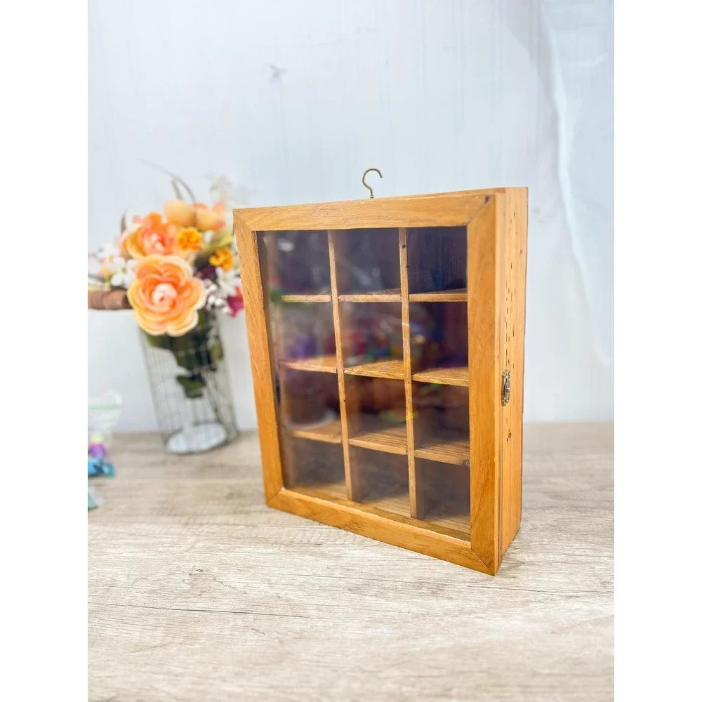 Vintage Natural Wood Curio Cabinet with Glass Door‎